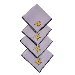 4 Hand Embroidered Cloth Luncheon Napkins Lilac Purple Yellow Flowers 30s Paris
